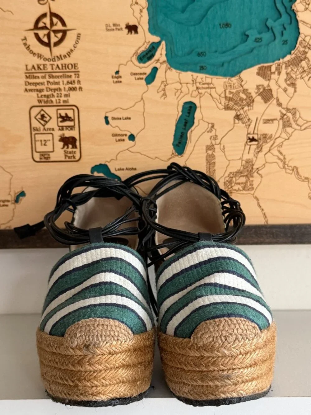 Chloe green striped/ leather straps espadrille wedges/ shoes sz 37 sz US 7